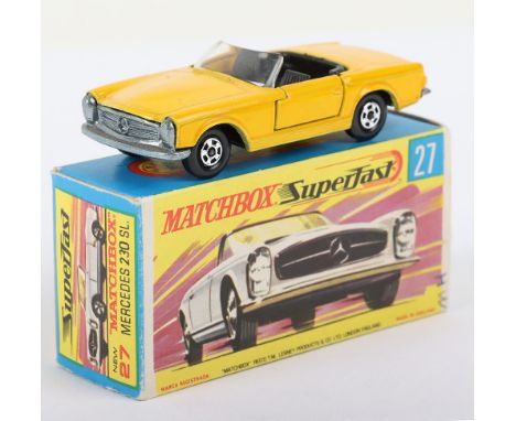 Matchbox Lesney Superfast Boxed Model, England: MB-27 Mercedes 230 SL variation with DARK Yellow body, THIN 5-Spoke wheels wi