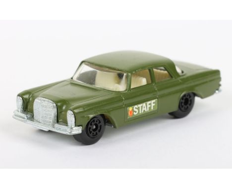 Matchbox Lesney Superfast Model, England: MB-46 Mercedes 300 SE with MILITARY GREEN body, STAFF side labels, Black England ba