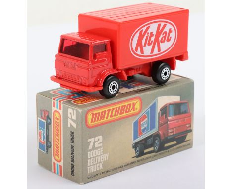 Matchbox Lesney Superfast Boxed Model, Macau: MB-72 Dodge Delivery Truck with RED KIT KAT body, RED glass, wide 5-Arch wheels