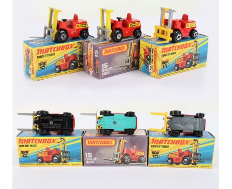 Three Matchbox Lesney Superfast Boxed Models, England: MB-15 Fork Lift Truck, 3 model and 2 box variations 1) Red body, Lansi