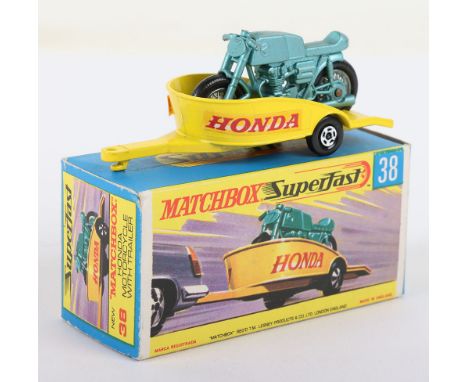 Matchbox Lesney Superfast Boxed Model, England: MB-38-Honda Motorcycle with Trailer, Transitional model with Green bike, Yell