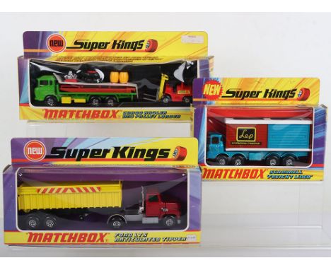 Three Boxed Matchbox Superkings, K-14 Scammell Freightliner Lep International Transport, metallic turquoise blue/ red body, w