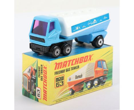 Matchbox Lesney Superfast Boxed Model, England: MB-63 Freeway Gas Tanker, LIGHT BLUE body with ARAL labels, Purple glass, mod