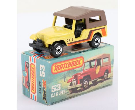 Matchbox Lesney Superfast Boxed Model, England: MB-53 CJ-6 Jeep with rarer YELLOW body, 1 model and 1 box variation. YELLOW b