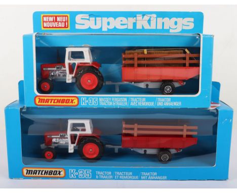 Two Matchbox Superkings K-35 Massey Ferguson Tractor &amp; Trailer, 1. Red/white MF 595 Tractor, with red plastic wheel hubs,