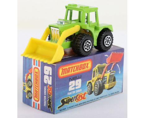 Matchbox Lesney Superfast Boxed Model, England: MB-29 Tractor Shovel with LIME GREEN body, CHROME Engine, YELLOW shovel &amp;