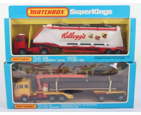 Two Matchbox Superkings K-3 Bedford ‘Kelloggs’ Grain Transporter, red/white body, black interior, 8-dot ringed wheels &amp; K