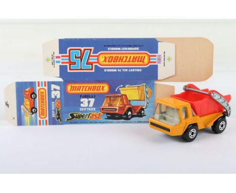 Matchbox Lesney Superfast Boxed Model, England: MB-37 Skip Truck with scarce ORANGE body, Red skip, Grey interior, MATT Black