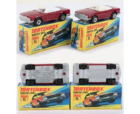 Two Matchbox Lesney Superfast Boxed Models, England: MB-6 Mercedes 350SL, 2 harder to find models with Dark Plum Convertible 