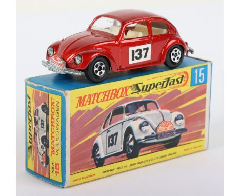 Matchbox Lesney Superfast Boxed Model, England: MB-15 Volkswagen with RED body and 137 labels, Rallye Monte CARLO 137 on fron