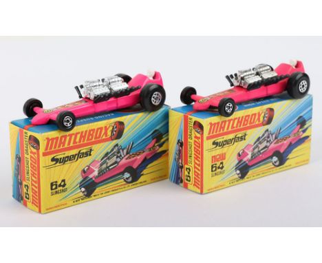 Two Matchbox Lesney Superfast Boxed Models, England: MB-64 Slingshot Dragster, 2 model and 2 box variations 1) BRIGHT SHINY P