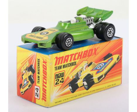 Matchbox Lesney Superfast Boxed Model, England: MB-24 Team Matchbox with LIGHT METALLIC GREEN body &amp; Team Matchbox 5 labe