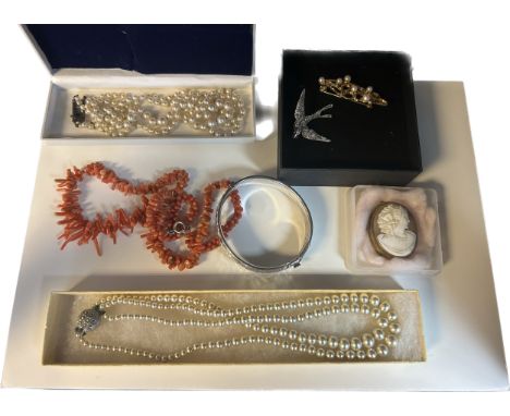 A Selection of jewellery; Vintage coral necklace with sterling silver clasp, London silver bangle, Antique gilt metal and cam