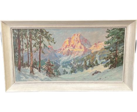 Oil painting on canvas depicting snowy mountain scape, Signed R. Yerson. Fitted within a vintage wooden frame. [51x92cm- fram