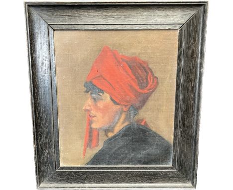 Antique oil painting on canvas depicting side view portrait of a man wearing a red turban. Fitted within a stained oak frame.