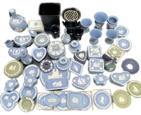 A Large collection of Wedgwood Jasper ware; Decanter, Lidded trinket boxes, dishes and many more items 