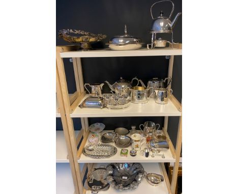 Collection of silver plated and E.P Wares; Two large swing handle baskets, Art deco design spirit kettle, tea service, variou