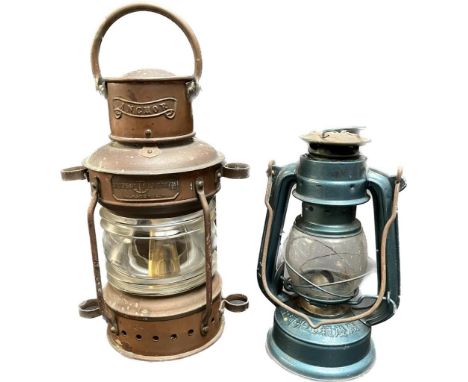 Antique copper ship lantern 'Anchor' Simpson Lawrence Ltd, Glasgow C.1. Together with a storm lamp. 