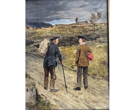 UnattributedOil on canvas depicting two gentleman walking titled 'The Meeting on The Road to Aberfeldy'. Within a moulded fra