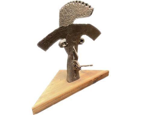 Contemporary metal art sculpture; Artist; Nigel Walker, Titled 'Jazzer!!' dated 07. Fitted upon a timber triangle block. [44c