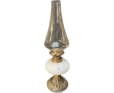 Antique brass and milk glass desk top paraffin lamp. Glass funnel present. [50cm high] [Small hairline crack- see images] 