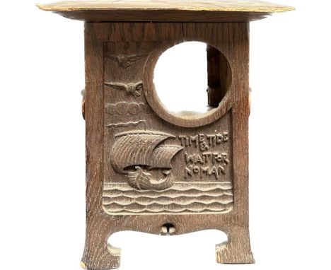 Arts &amp; Crafts oak Liberty style clock case. Carved with a Viking Longboat at sea with saying carved 'Time &amp; Tide Wait