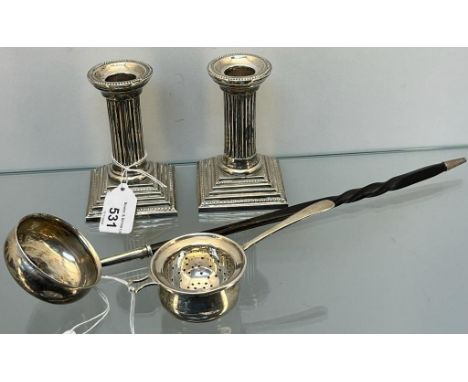 Georgian silver and antler ladle, London silver tea strainer with pot produced by Wakely &amp; Wheeler and a pair of Birmingh