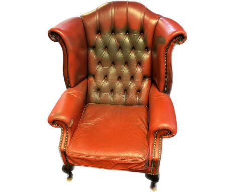 Vintage Red Leather Chesterfield gullwing armchair. [Wear in areas] [Button back area- dirty- will clean] 