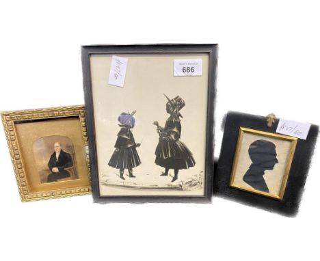 Three antique portraits and prints; Seated gentleman photograph with painted tints, Silhouette with details to reverse and Pr