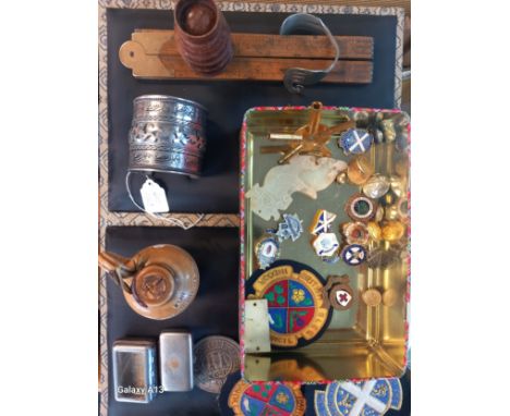 McVittie advertising tin containing a selection of interesting items; Sterling Whisky stone ware bottle, Metal Castle medal, 