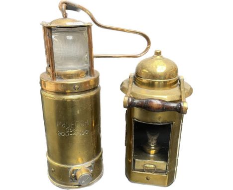 Two Brass antique lanterns; Brass Oldham Minors lantern- McGeoch 0583, 900- 4090. Early 20th century brass lantern with swing