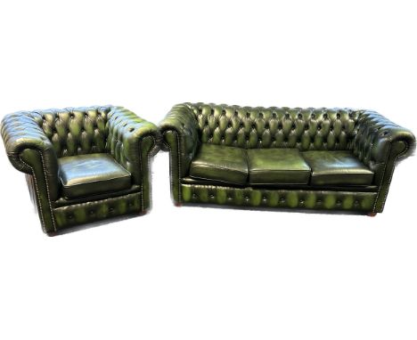 Green leather chesterfield three seat settee and arm chair with button detail 