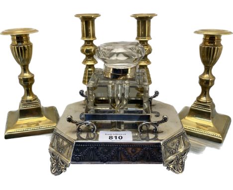 Antique Sheffield silver ornate ink well stand with cut glass inkwell pot with lid, Victorian nut cracker and two pairs of br