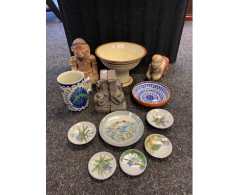 Selection of studio and ceramic items; Studio pottery tazza bowl, Maya style figure sculptures, Highland stoneware pottery pl