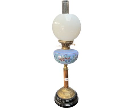 Antique desk paraffin lamp; Glass funnel, White glass globe shade, Blue glass paraffin holder and hand painted with a floral 