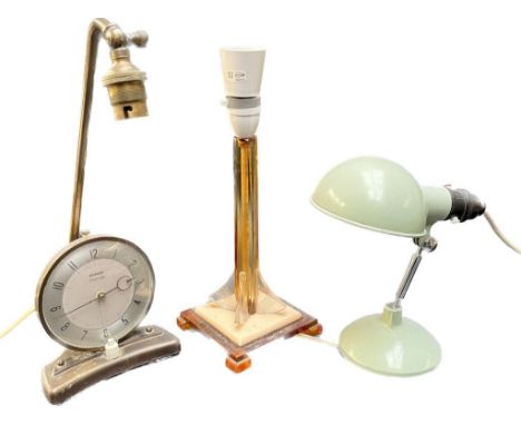 Three retro table lamps; Pifco Timeside alarm clock desk lamp combination, Lucite orange base colour table lamp and Metex ang