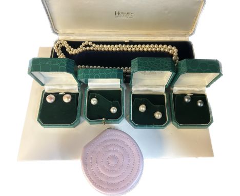 Four pairs of cultured pearl earrings with 18ct yellow gold posts. Purchased from Joseph Bonnar of Edinburgh. Together with a