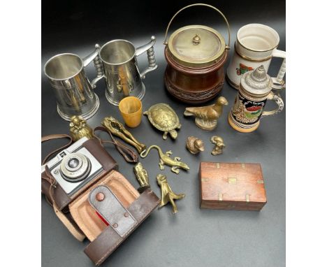 Selection of collectable odds; Ilford Sporti Camera, small mahogany and brass bound box, Victorian brass nut cracker, horn dr