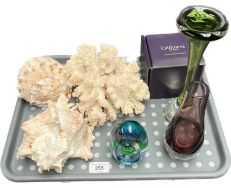Tray of odds; Large piece of coral, Two large shells, Caithness thistle design paperweights and two art glass vases. 