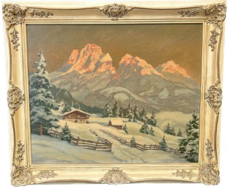 Oil painting on canvas depicting snowy mountain scape, Signed R. Yerson. Fitted within a vintage Moulded wooden frame. [Frame