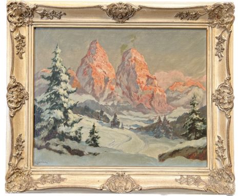 Oil painting on canvas Titled 'Swiss Scene'  depicting snowy mountain scape, Signed R. Yerson. Fitted within a vintage Moulde