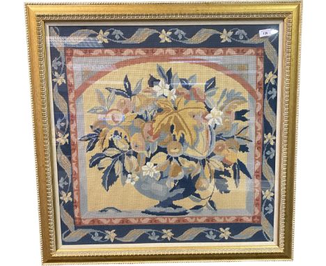 Large tapestry depicting bouquet of fruit and foliage. Fitted within a gilt contemporary frame. [89x89cm]