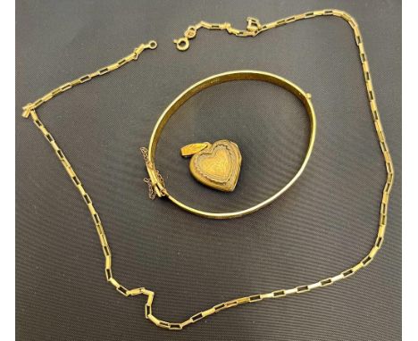 9ct yellow gold necklace, Antique ornate gilt metal heart shaped locket and a 9ct gold metal core bangle. [9ct- 3.40grams] 