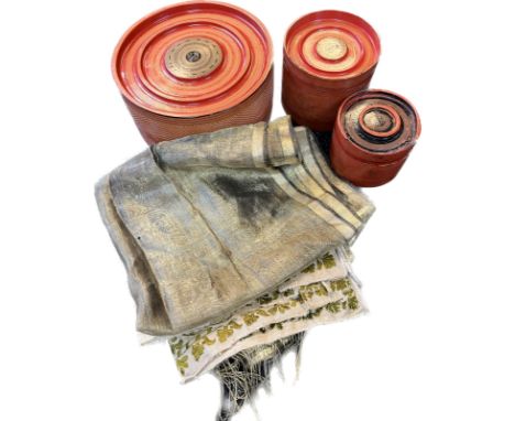 A Group of Indian paper Mache and red lacquered preserve boxes. Silk scarf and one other.