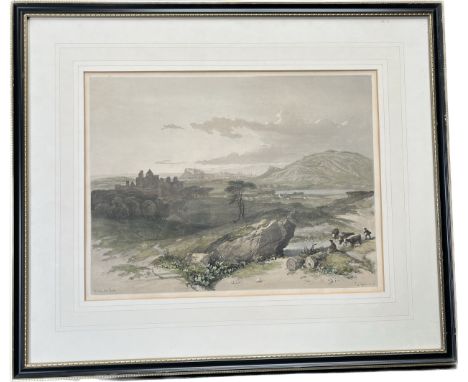 P Roberts R.A. Large Antique coloured print depicting Scottish landscape and castle scene. Fitted within a gilt and black fra