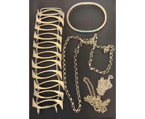 Selection of silver jewellery; 925S Danish silver ornate bracelet, Two Silver belcher chain necklaces, Sterling silver neckla