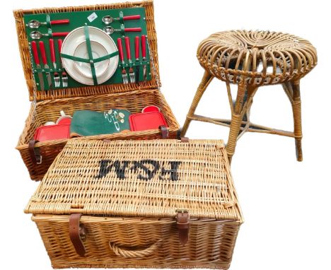 Wicker picnic basket and contents, wicker hamper basket and mid century stool. 