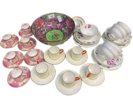 A Selection of coffee cans and saucers, Victorian cups and saucers, Maling purple thumb print and floral design bowl. Coffee 