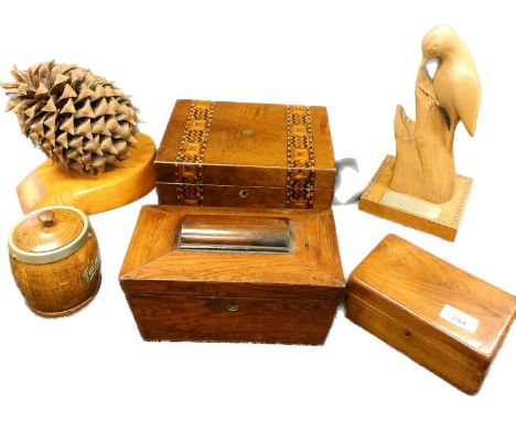 Selection of wooden collectables; 19th century tea caddy box, oak turned tea caddy barrel, Two antique boxes, Hand carved woo