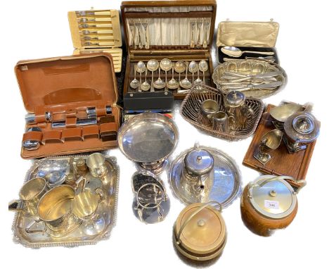 A Collection of silver plate and E.P Wares; Oak and plated biscuit barrels, serving tray, tea service, loose and boxed cutler